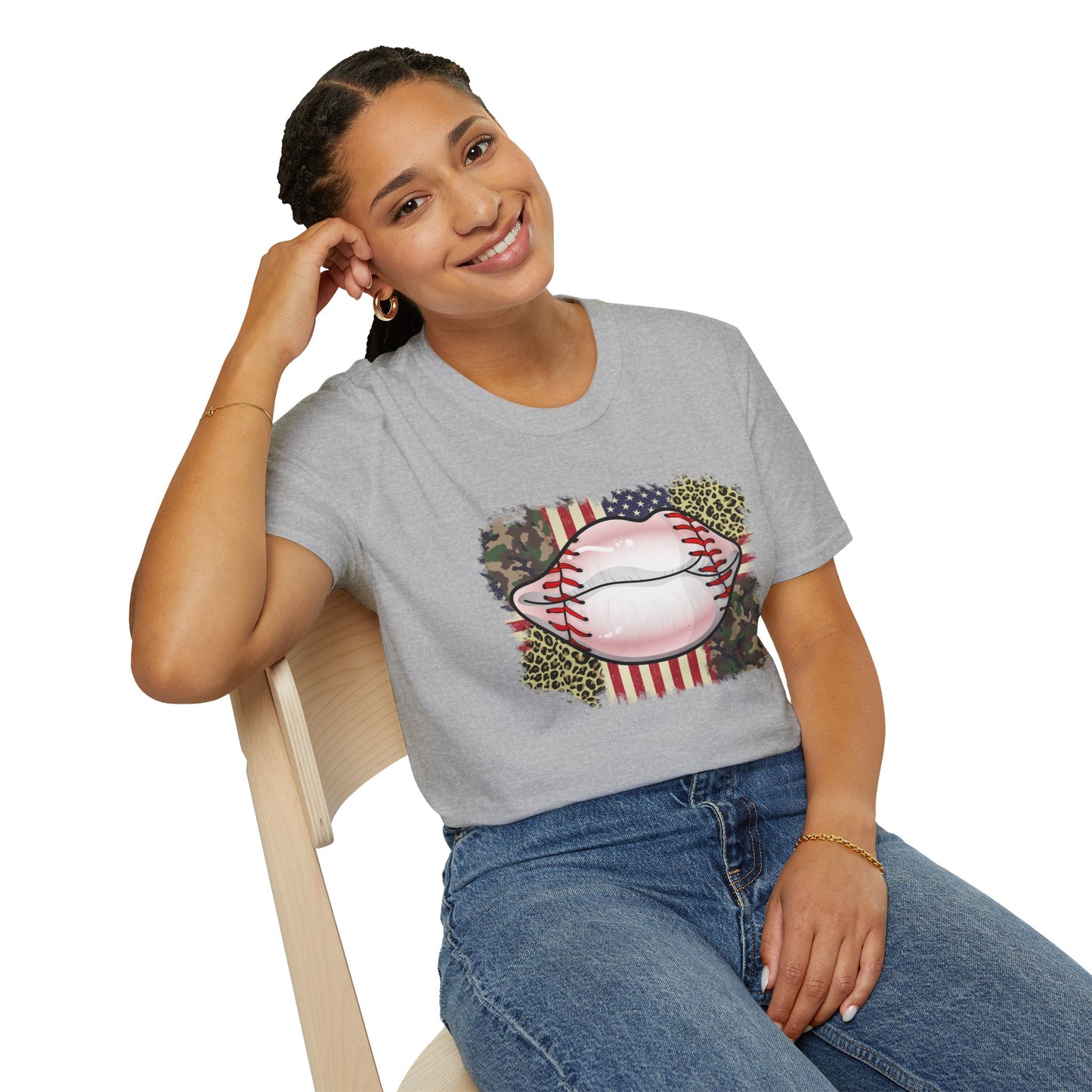 American Flag Baseball Lips Unisex Softstyle T-Shirt