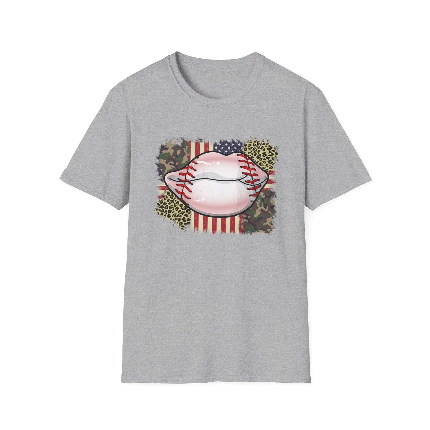 American Flag Baseball Lips Unisex Softstyle T-Shirt