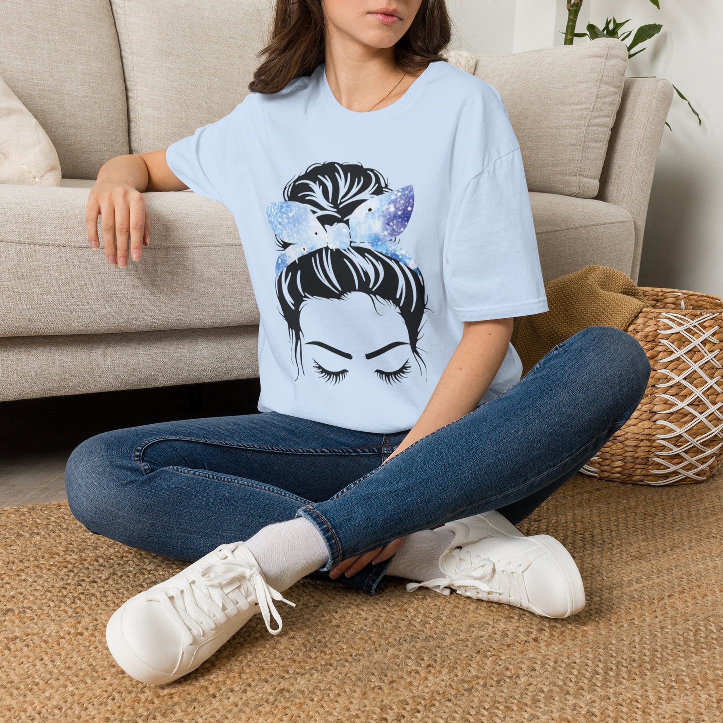 Blue Glitter Headband Messy Bun Unisex Softstyle T-Shirt