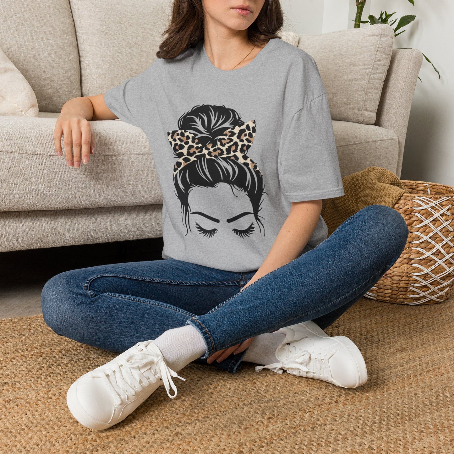 Leopard Print Headband Messy Bun Unisex Softstyle T-Shirt