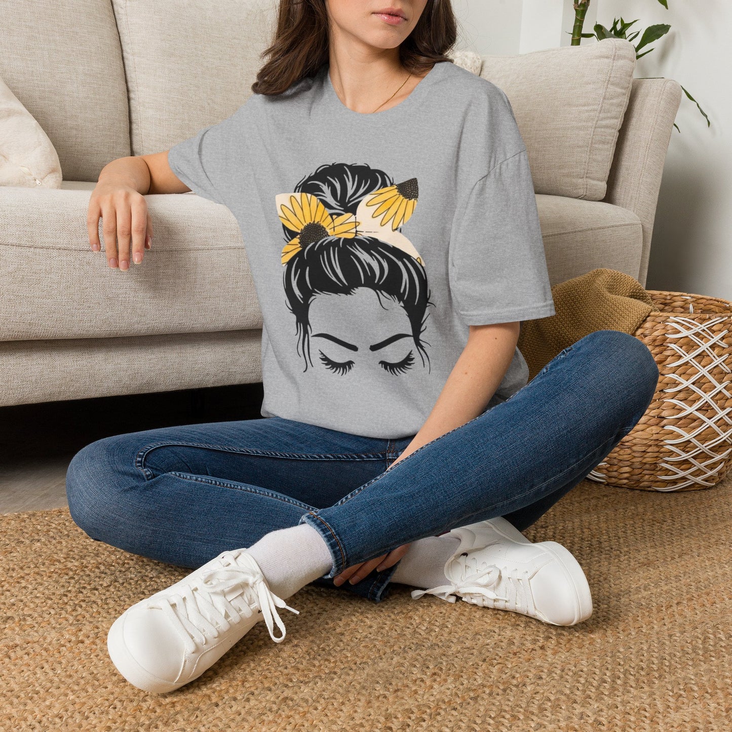 Sunflower Headband Messy Bun Unisex Softstyle T-Shirt