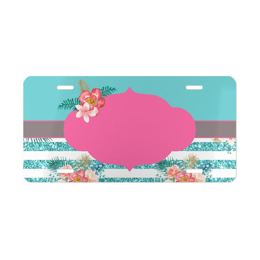 Personalized Tropical Glitter License Plate | Teal & Pink Floral License Plate | Custom Beachy Car Tag | Sparkle Floral Vehicle Accessory
