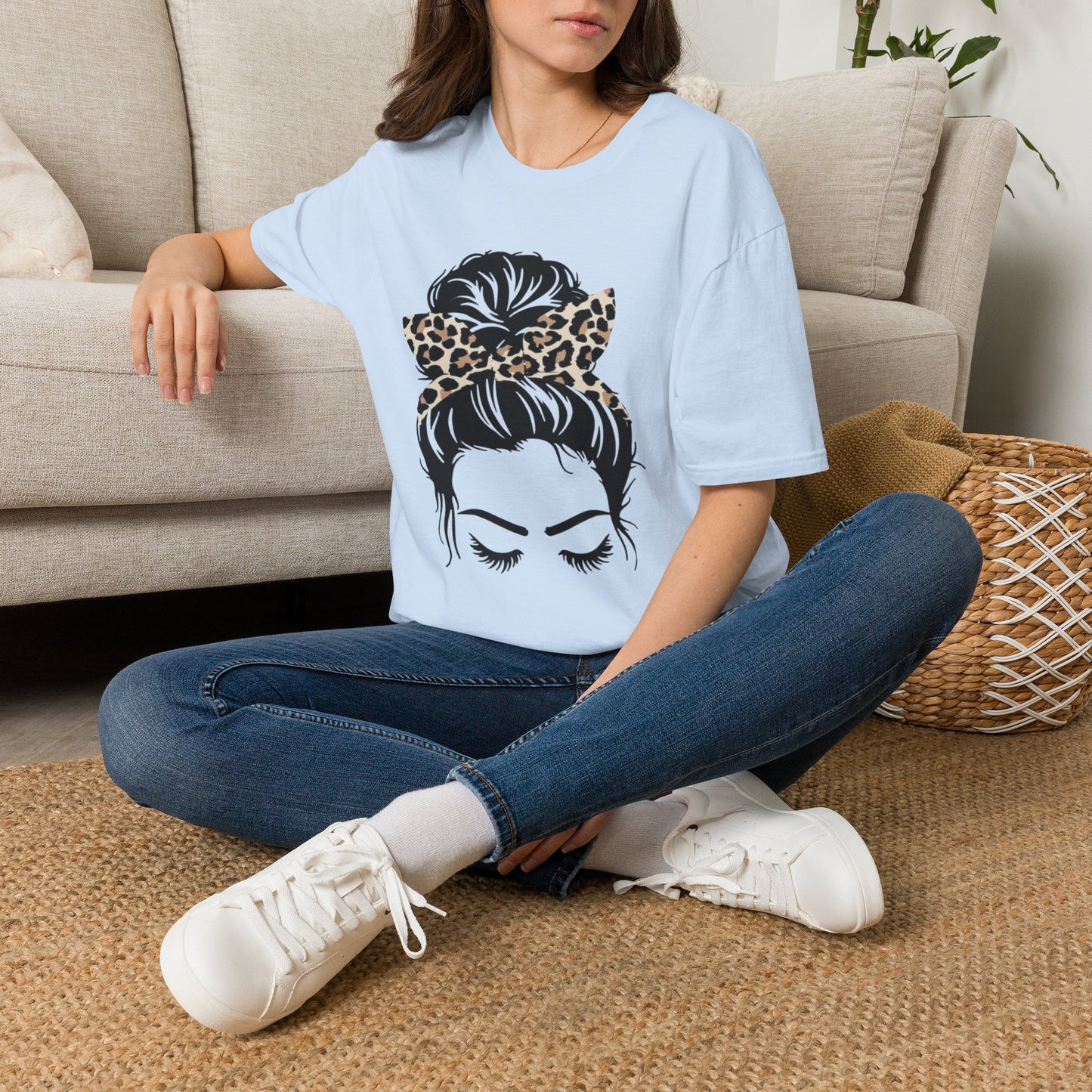 Leopard Print Headband Messy Bun Unisex Softstyle T-Shirt