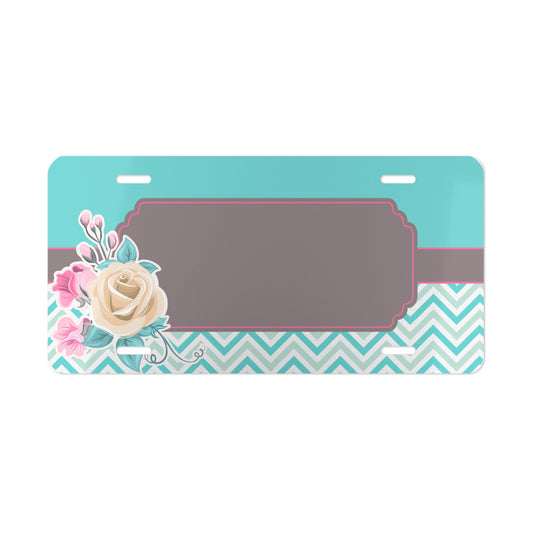 Personalized Turquoise Floral License Plate | Custom Chevron License Plate Design | Teal, Pink & Gray Car Accessory | Shabby Chic Vehicle Tag