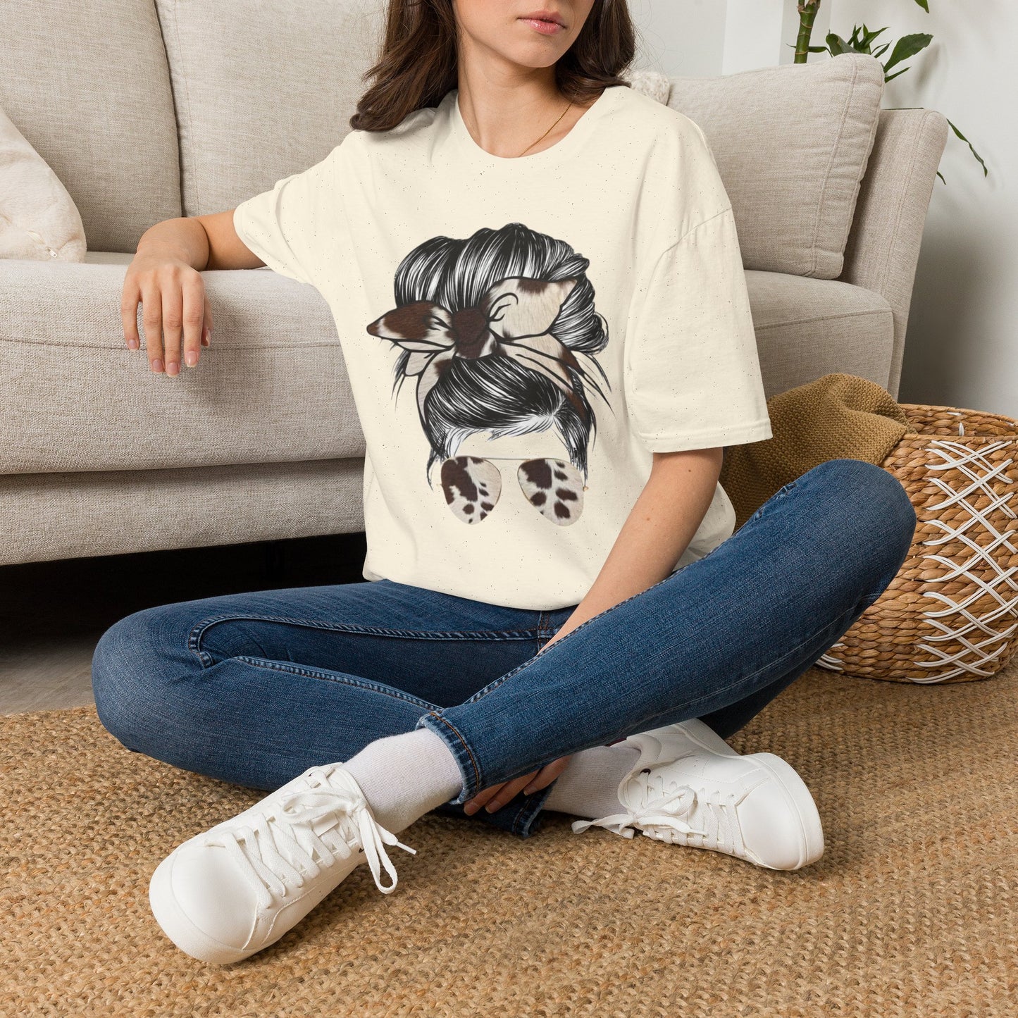 Cow Print Headband Messy Bun Unisex Softstyle T-Shirt