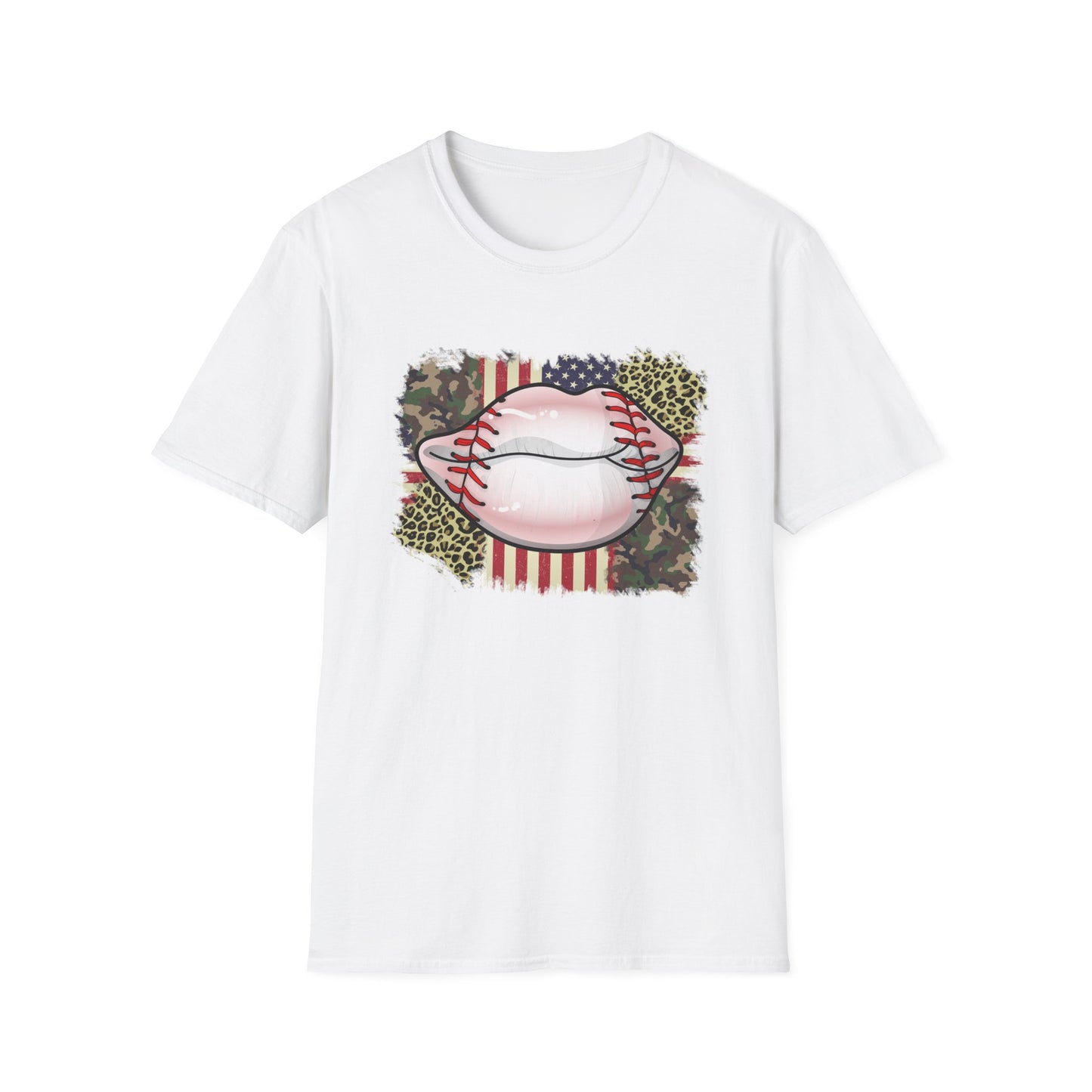 American Flag Baseball Lips Unisex Softstyle T-Shirt