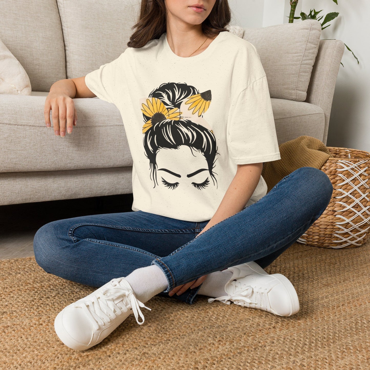Sunflower Headband Messy Bun Unisex Softstyle T-Shirt