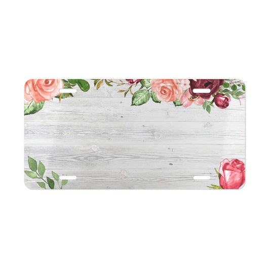 Custom Rose Floral License Plate | Personalized Rustic Wood License Plate Design | Pink & Burgundy Watercolor Roses | Feminine Car Accessory