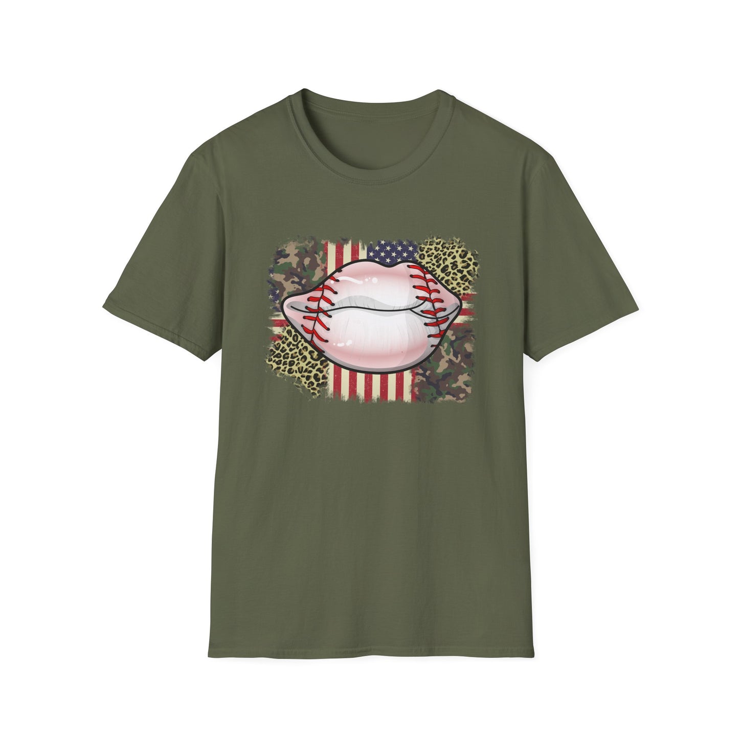 American Flag Baseball Lips Unisex Softstyle T-Shirt