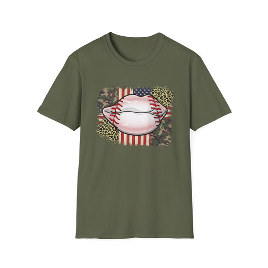 American Flag Baseball Lips Unisex Softstyle T-Shirt
