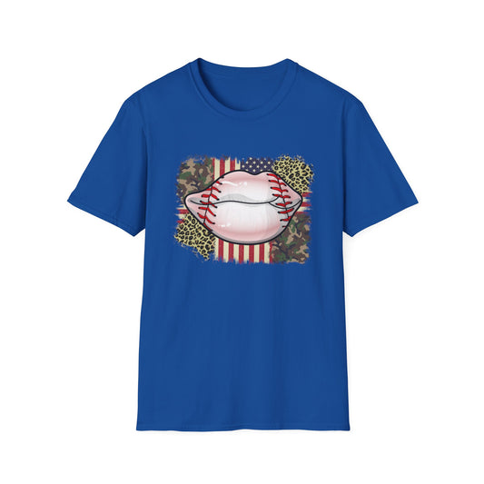 American Flag Baseball Lips Unisex Softstyle T-Shirt