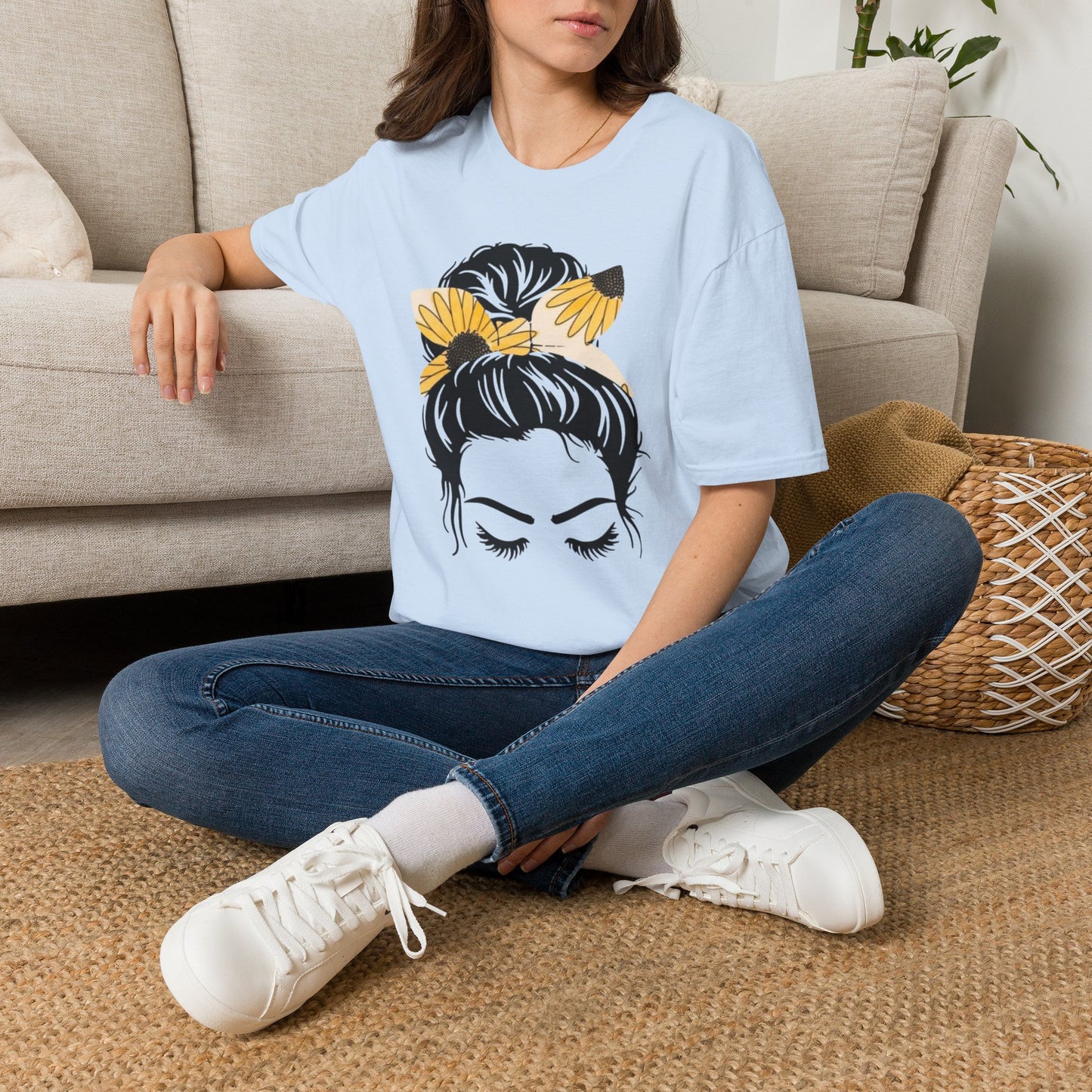 Sunflower Headband Messy Bun Unisex Softstyle T-Shirt