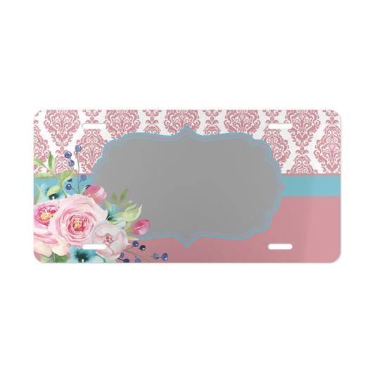 Personalized Pink Damask Floral License Plate | Vintage Rose Custom License Plate | Shabby Chic Car Accessory | Custom Name Vehicle Tag