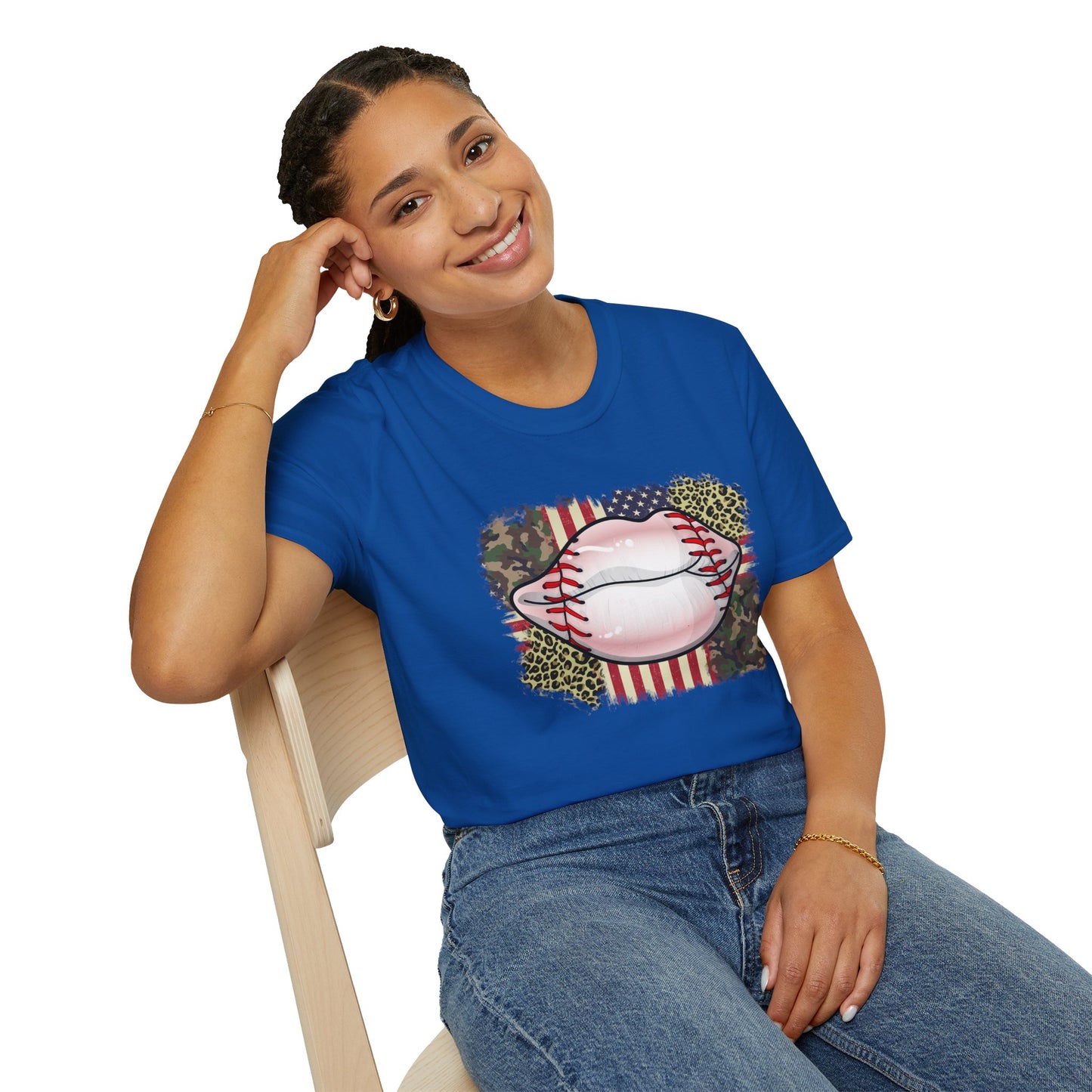 American Flag Baseball Lips Unisex Softstyle T-Shirt