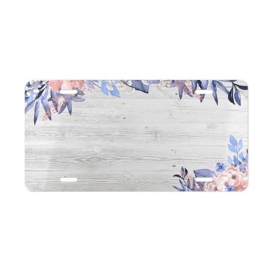 Personalized Floral Wood License Plate | Rustic Farmhouse License Plate Design | Blue & Blush Pink Watercolor Flowers | Custom Car Tag Gift