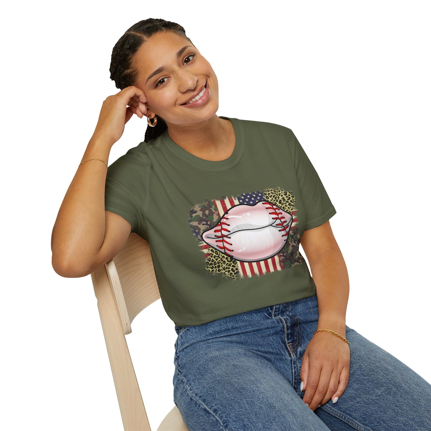 American Flag Baseball Lips Unisex Softstyle T-Shirt