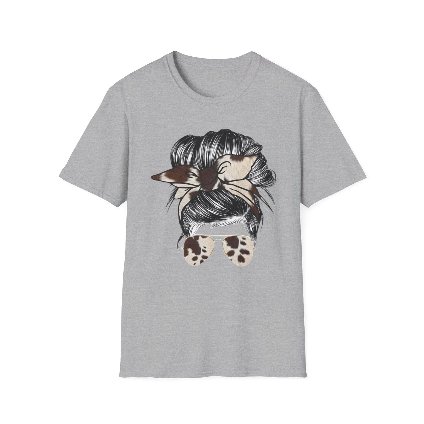 Cow Print Headband Messy Bun Unisex Softstyle T-Shirt