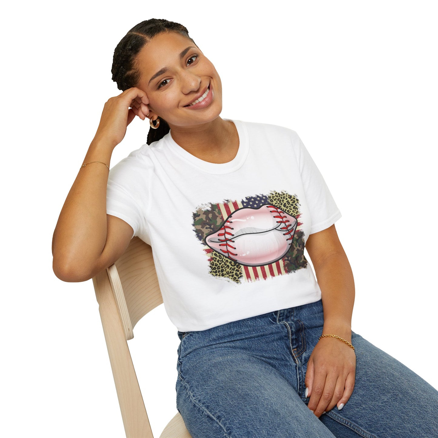 American Flag Baseball Lips Unisex Softstyle T-Shirt