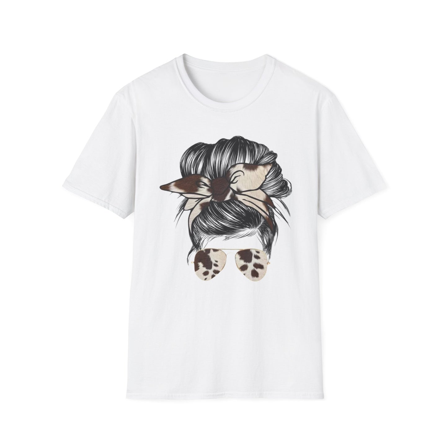 Cow Print Headband Messy Bun Unisex Softstyle T-Shirt